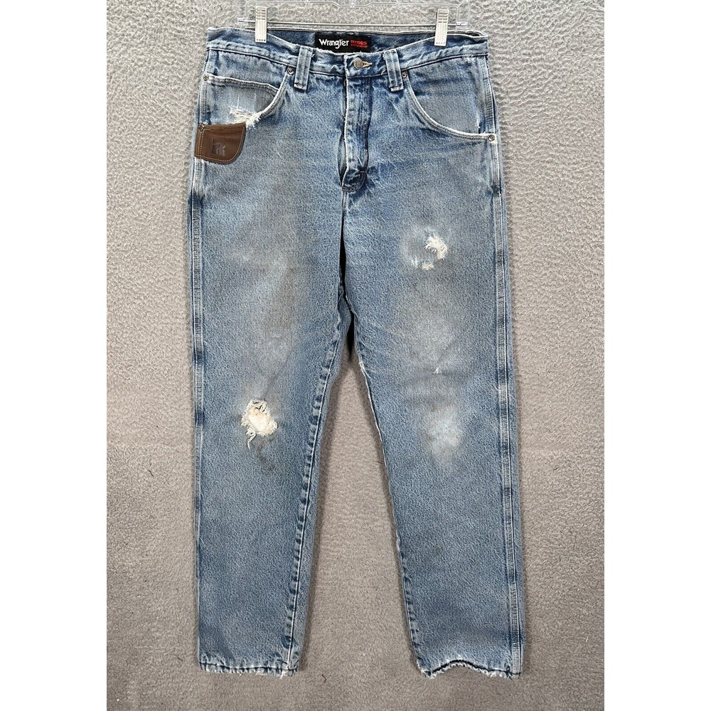 Wrangler Riggs Jeans Mens 33x34 Blue Denim Fleece Lined Workwear Grunge THRASHED